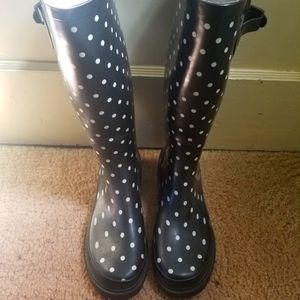 Black and white polka dot tall rain boots size 9